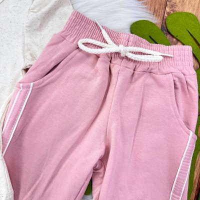  Conj. Blusa Manga Longa de Linho com Laço de Strass e Calça de Moletom - Areia e Rose